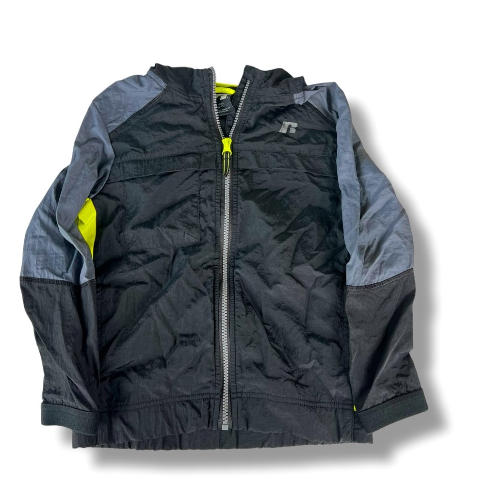 RUSSELL Boys Mixed Media Zip Up Nylon Windbreaker Jacket Yellow/gray  Size S 6-7